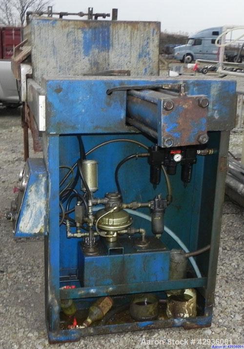 Used Filter Press, 32" x 32". (21) Polypropylene plates, approximately 142.2 square feet filter area, 5.93 cubic feet cake capacity. (1) Head, (1) tail. Hydraulic closure device, center feed, four co...